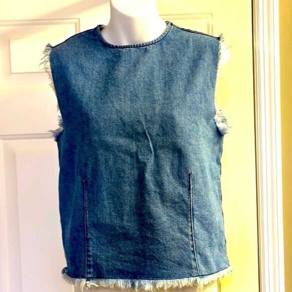 Topshop Jackets & Blazers - Topshop Distressed and Mixed Wash Jean Vest with Back Zipper- Size 2